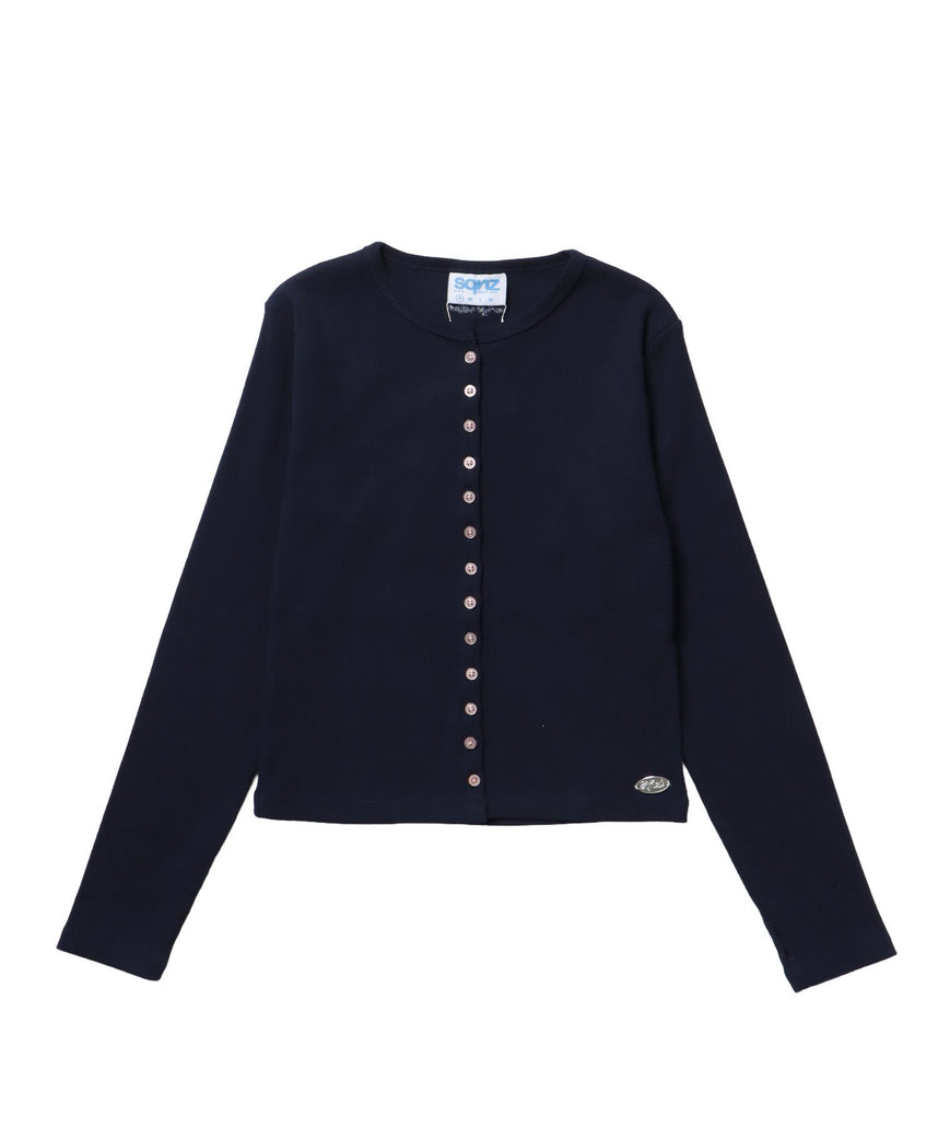 【sqnz(エスキュンズ)】sqnz fit cardigan / 長袖 刺繍 シルバープレート 加工 ボタン レイヤード 裏毛 ネイビー