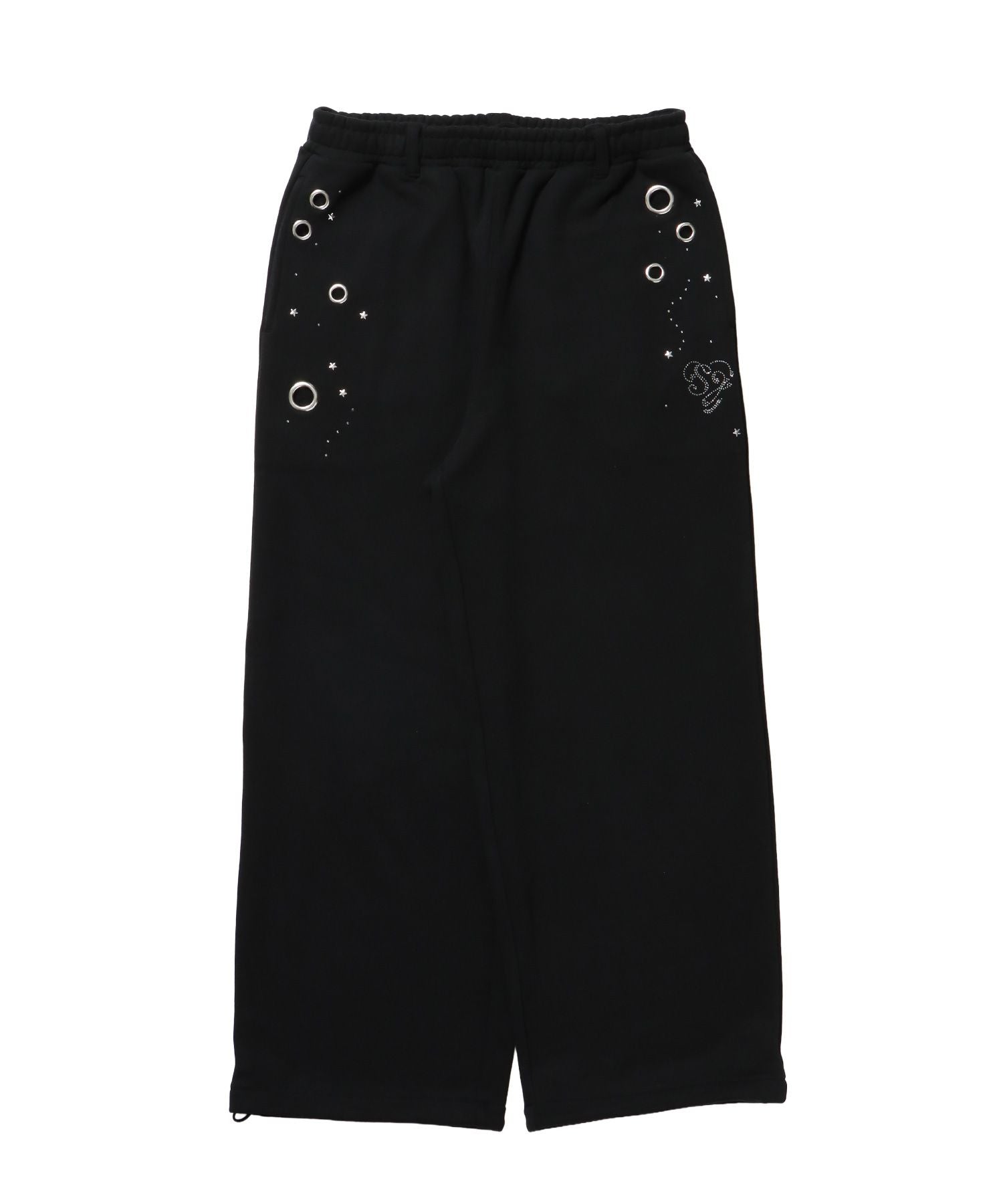 【sqnz(エスキュンズ)】sqnz rhinestone & eyelet sweat pants / ラインストーン スウェットパンツ 裏毛 ハトメ ポケット 【セットアップ着用可能】 ブラック