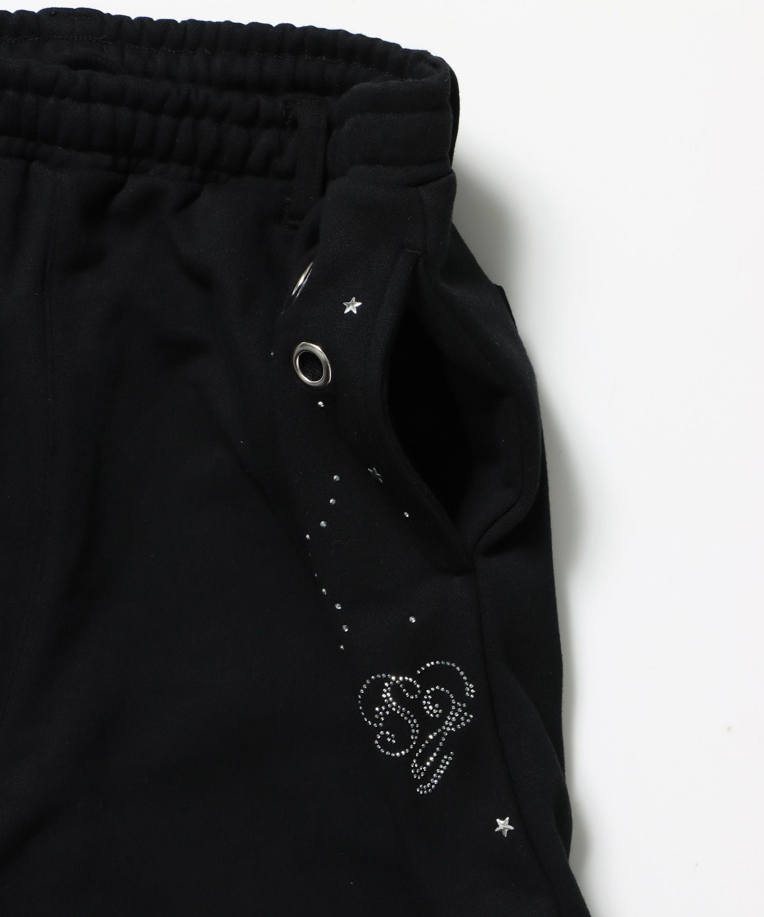 sqnz rhinestone & eyelet sweat pants / ラインストーン スウェットパンツ 裏毛 ハトメ ポケット 【セットアップ着用可能】 ブラック