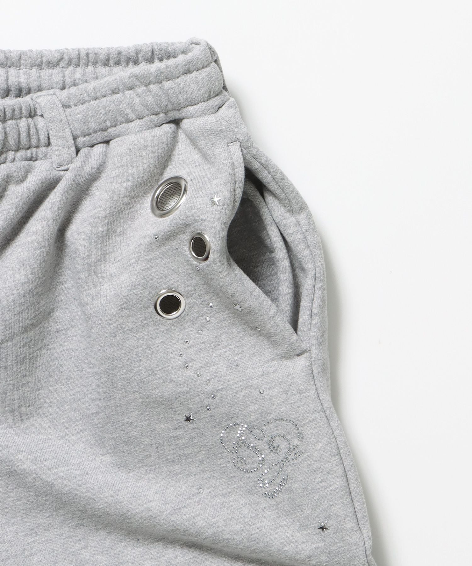 sqnz rhinestone & eyelet sweat pants / ラインストーン スウェットパンツ 裏毛 ハトメ ポケット 【セットアップ着用可能】 グレー