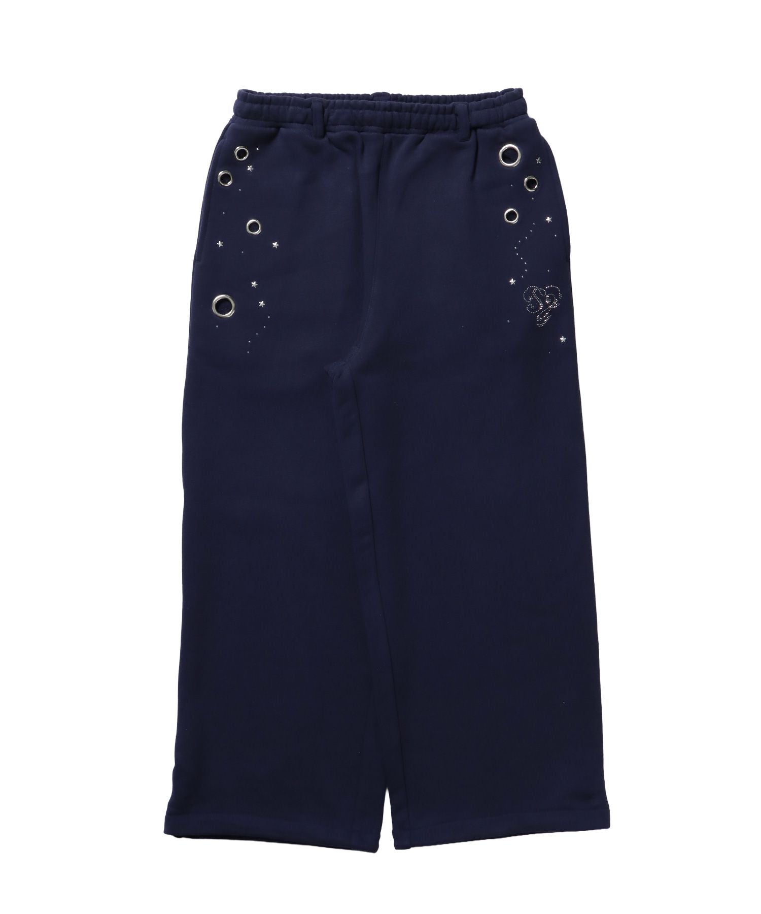 【sqnz(エスキュンズ)】sqnz rhinestone & eyelet sweat pants / ラインストーン スウェットパンツ 裏毛 ハトメ ポケット 【セットアップ着用可能】 ダークネイビー