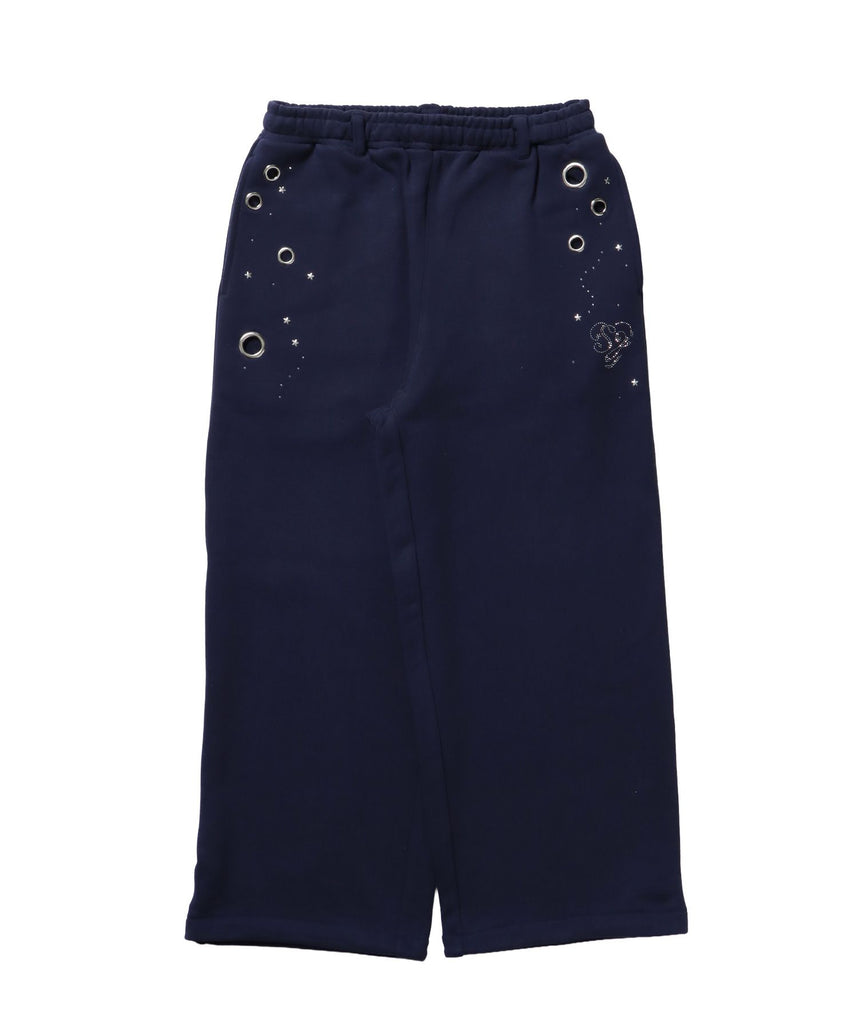 【sqnz(エスキュンズ)】sqnz rhinestone & eyelet sweat pants / ラインストーン スウェットパンツ 裏毛 ハトメ ポケット 【セットアップ着用可能】 ダークネイビー