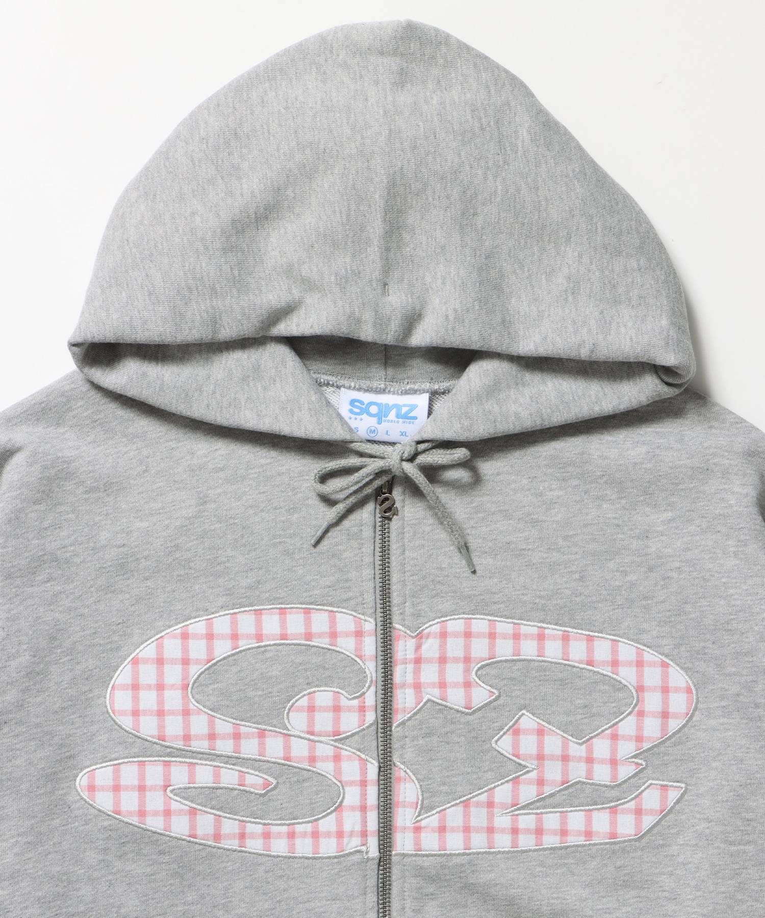 sqnz logo applique zip p/k / 裏毛 ダブルジップ ジップパーカー フーディ 星柄 ボーダー チェック グレー