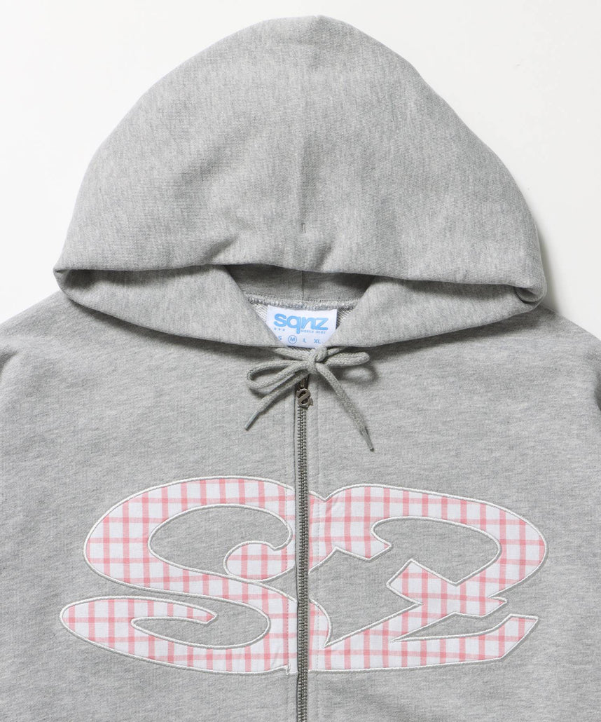 sqnz logo applique zip p/k / 裏毛 ダブルジップ ジップパーカー フーディ 星柄 ボーダー チェック グレー