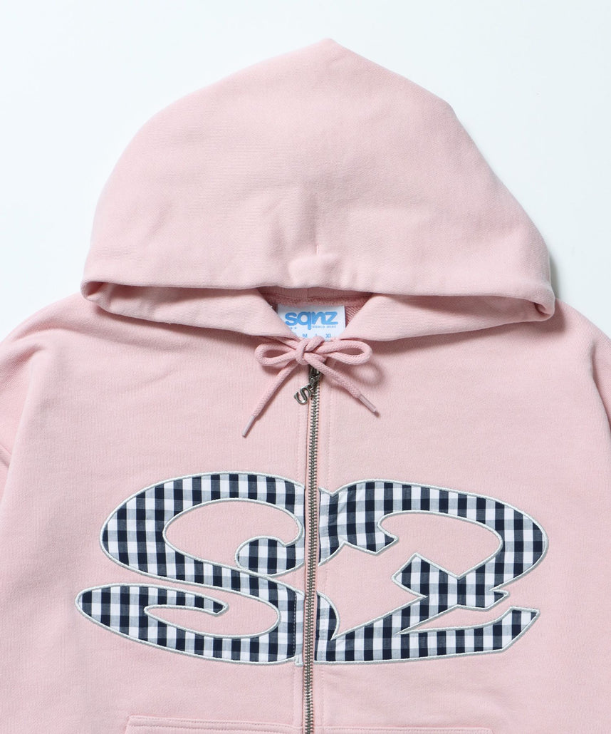 sqnz logo applique zip p/k / 裏毛 ダブルジップ ジップパーカー フーディ 星柄 ボーダー チェック ライトピンク