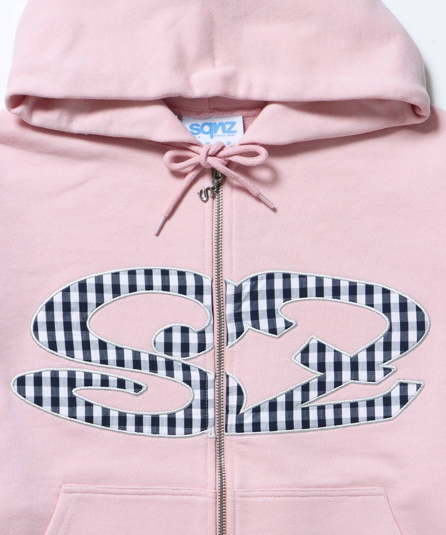 sqnz logo applique zip p/k / 裏毛 ダブルジップ ジップパーカー フーディ 星柄 ボーダー チェック ライトピンク