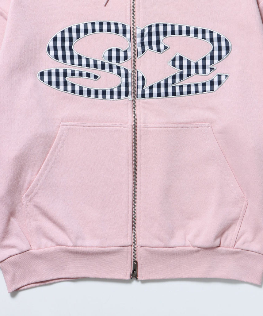 sqnz logo applique zip p/k / 裏毛 ダブルジップ ジップパーカー フーディ 星柄 ボーダー チェック ライトピンク
