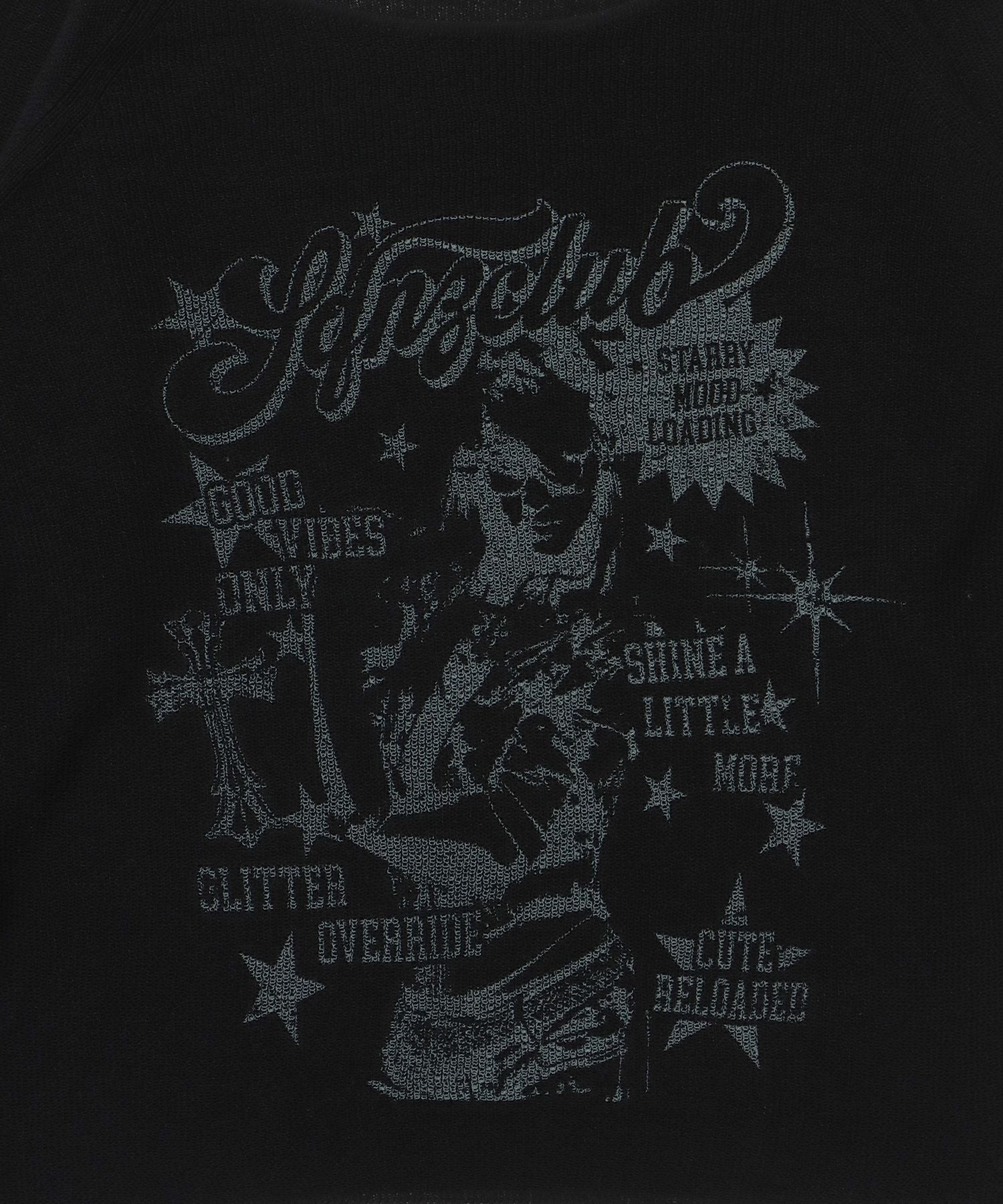 sqnz rock sheer knit / ワンショルダー ニット クルーネック 長袖 プリント シアー ブラック