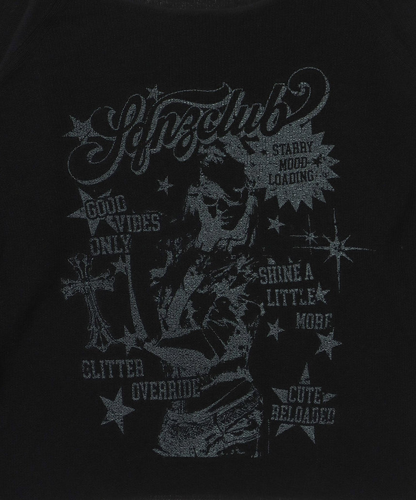 sqnz rock sheer knit / ワンショルダー ニット クルーネック 長袖 プリント シアー ブラック