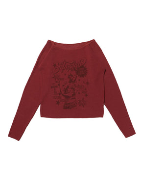 sqnz rock sheer knit / ワンショルダー ニット クルーネック 長袖 プリント シアー レッド