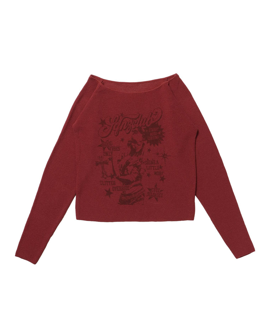【sqnz(エスキュンズ)】sqnz rock sheer knit / ニット クルーネック 長袖 プリント シアー レッド
