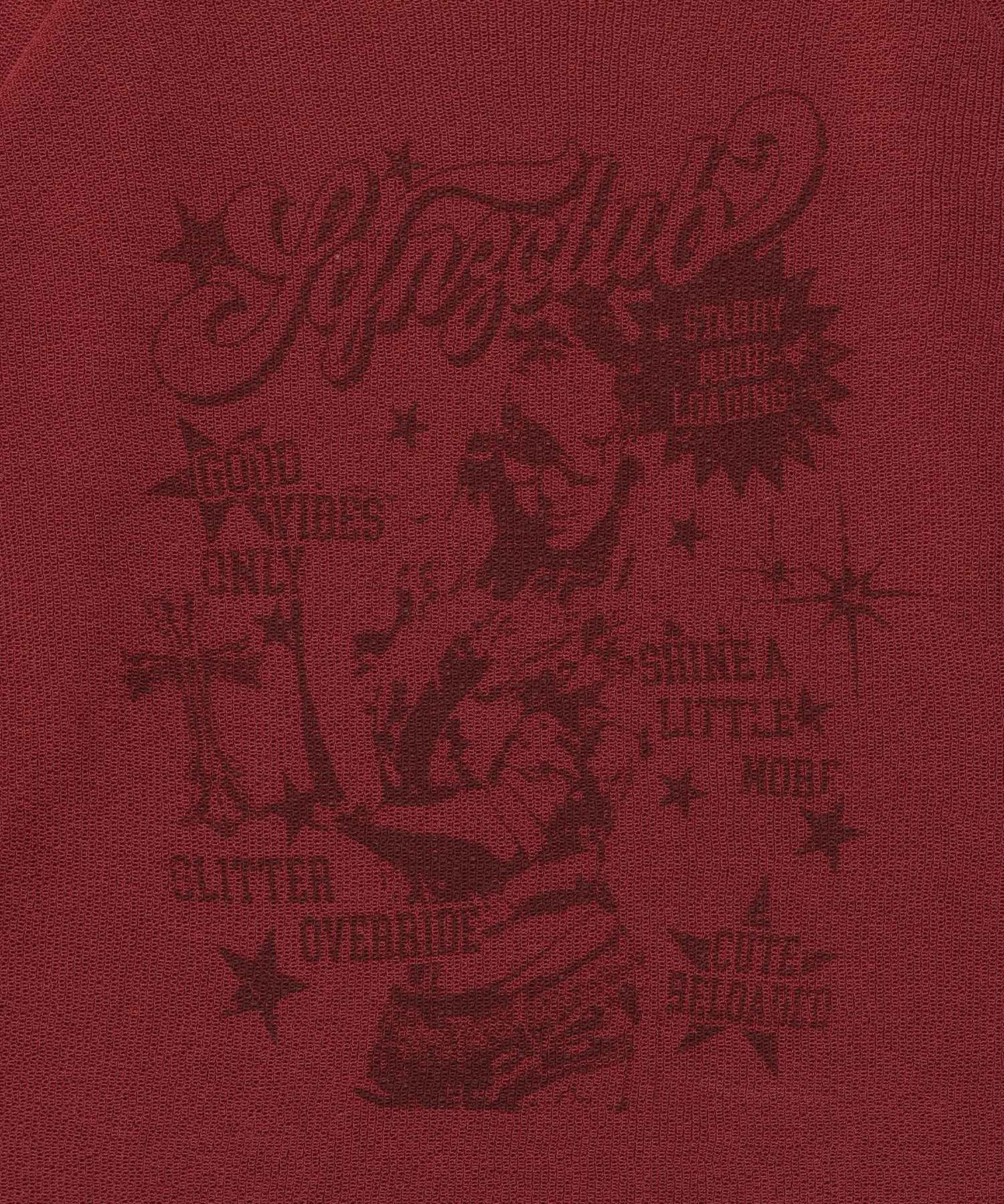 sqnz rock sheer knit / ワンショルダー ニット クルーネック 長袖 プリント シアー レッド