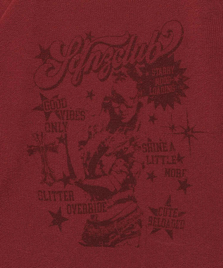 sqnz rock sheer knit / ワンショルダー ニット クルーネック 長袖 プリント シアー レッド