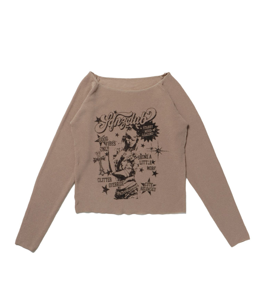 【sqnz(エスキュンズ)】sqnz rock sheer knit / ニット クルーネック 長袖 プリント シアー グレイッシュベージュ