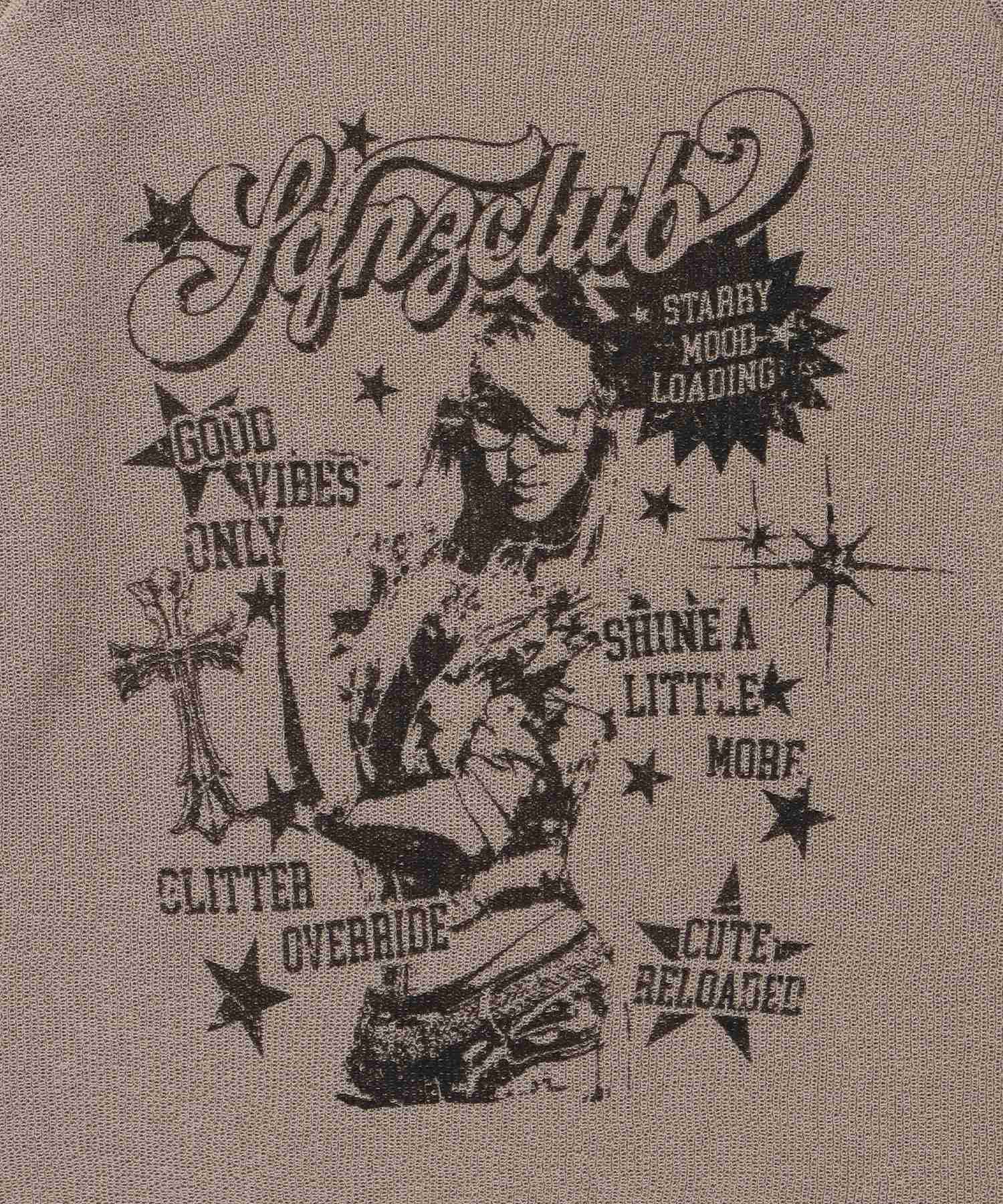 sqnz rock sheer knit / ワンショルダー ニット クルーネック 長袖 プリント シアー グレイッシュベージュ