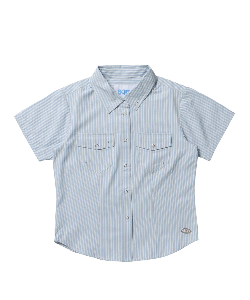 【sqnz(エスキュンズ)】sqnz double pocket compact cheack shirts / シャツ ポケット チェック ストライプ ボタン レディース メタルプレー ライトブルー