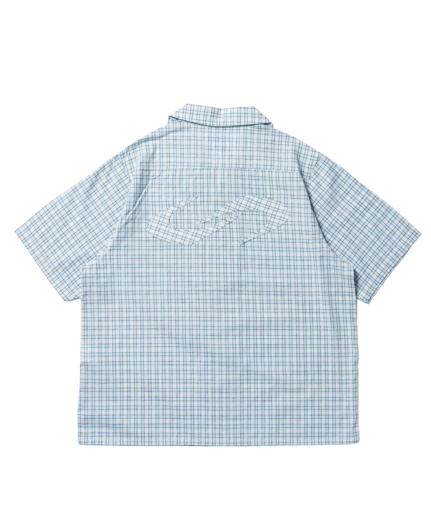 【sqnz(エスキュンズ)】ワッペンチェックシャツ / シャツ チェック 半袖 ポケット 刺繍 ワッペン ライトブルー