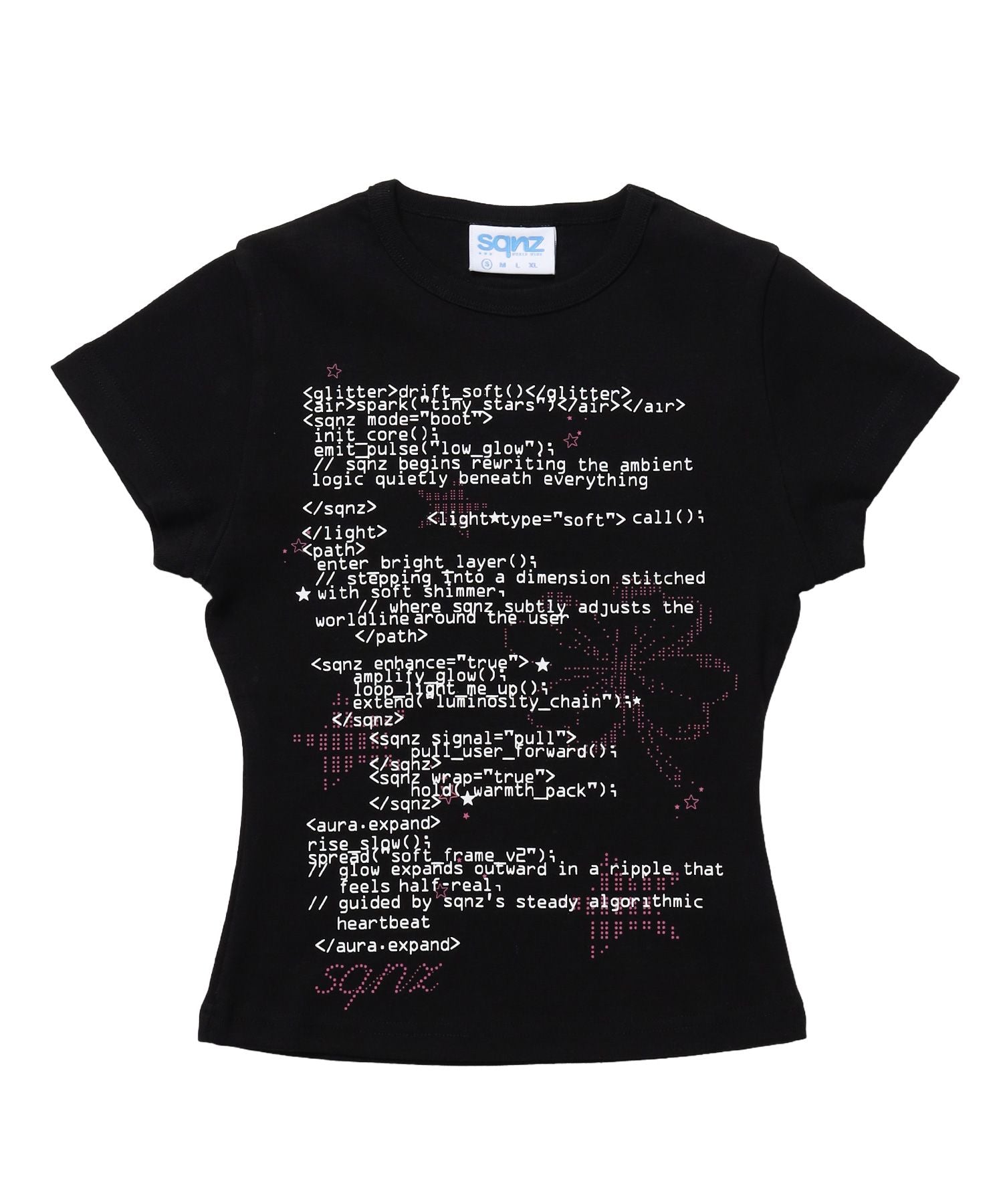 【sqnz(エスキュンズ)】sqnz programming pt compact tee / レディース 半袖 クルーネック プリント 短丈 ブラック