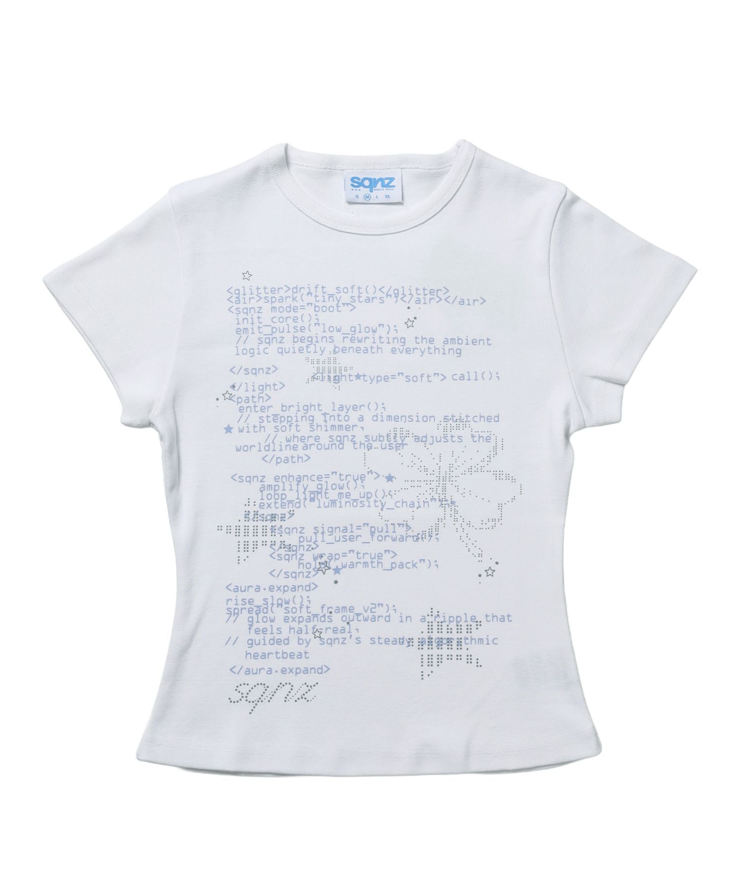 【sqnz(エスキュンズ)】sqnz programming pt compact tee / レディース 半袖 クルーネック プリント 短丈 ホワイト