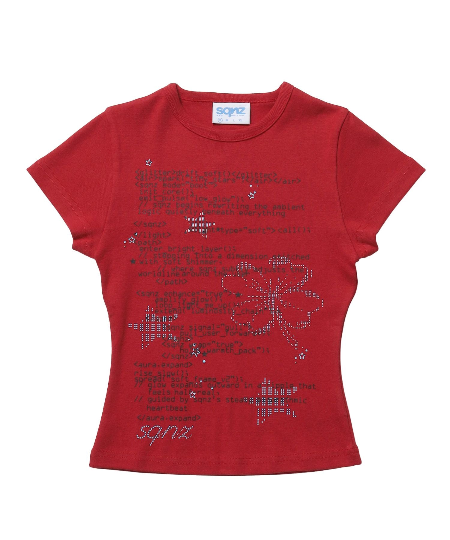 【sqnz(エスキュンズ)】sqnz programming pt compact tee / レディース 半袖 クルーネック プリント 短丈 レッド
