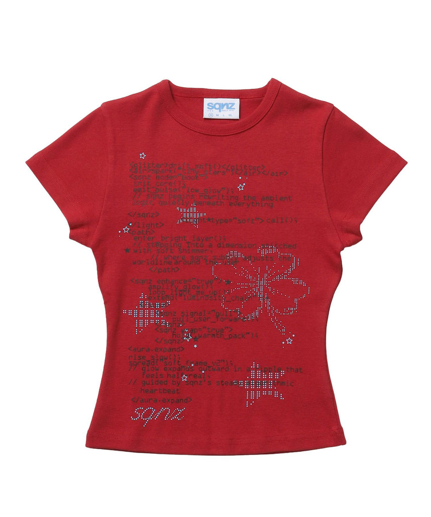 【sqnz(エスキュンズ)】sqnz programming pt compact tee / レディース 半袖 クルーネック プリント 短丈 レッド