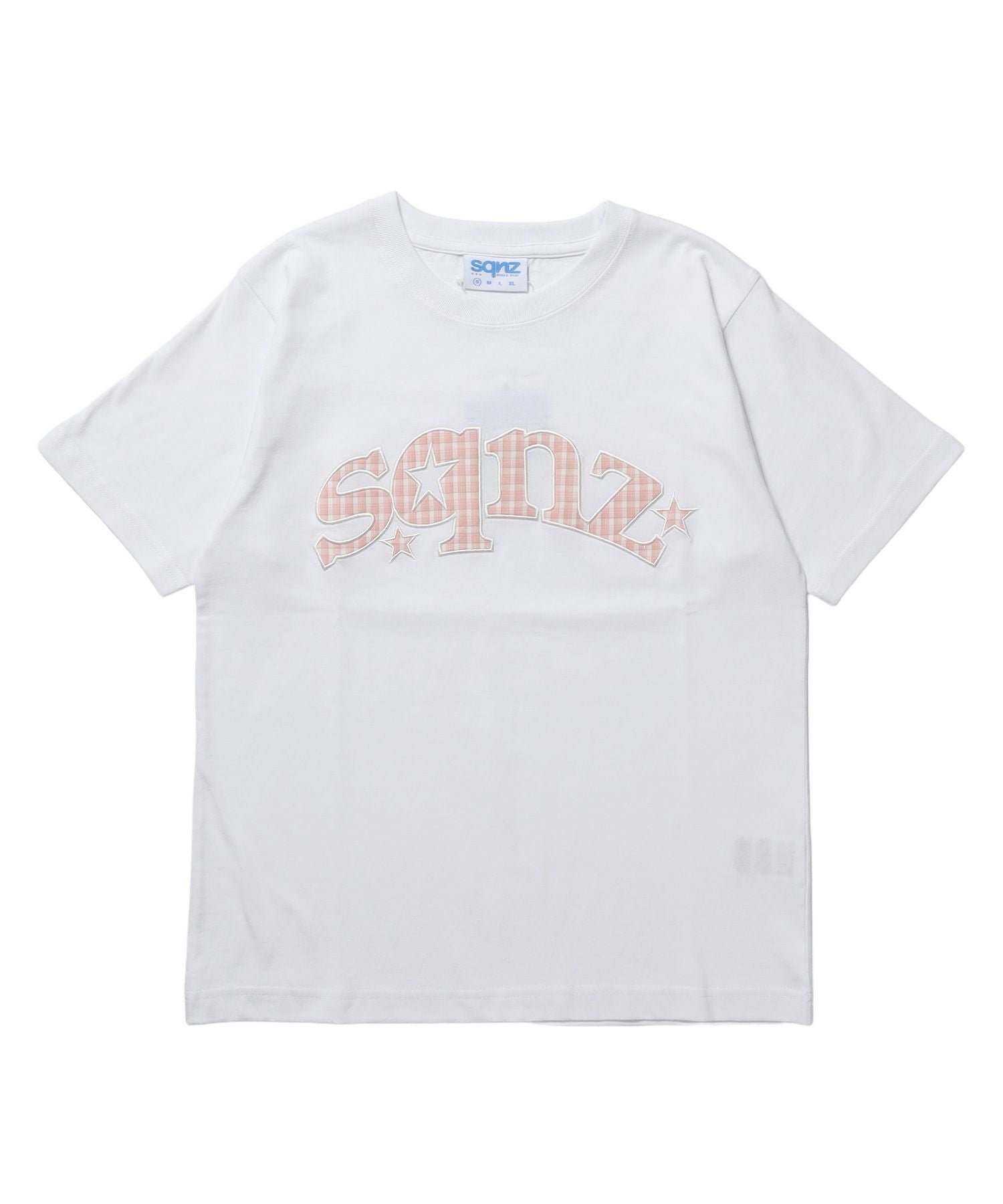 【sqnz(エスキュンズ)】sqnz star logo checkered applique tee / Tシャツ ワッペン チェック 半袖 クルーネック ワンポイント ユニセックス ホワイト