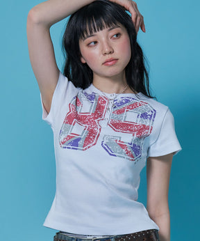 sqnz union Jack henley tee / レディース Tシャツ 半袖 ヘンリーネック スタッズ ユニオンジャック ホワイト