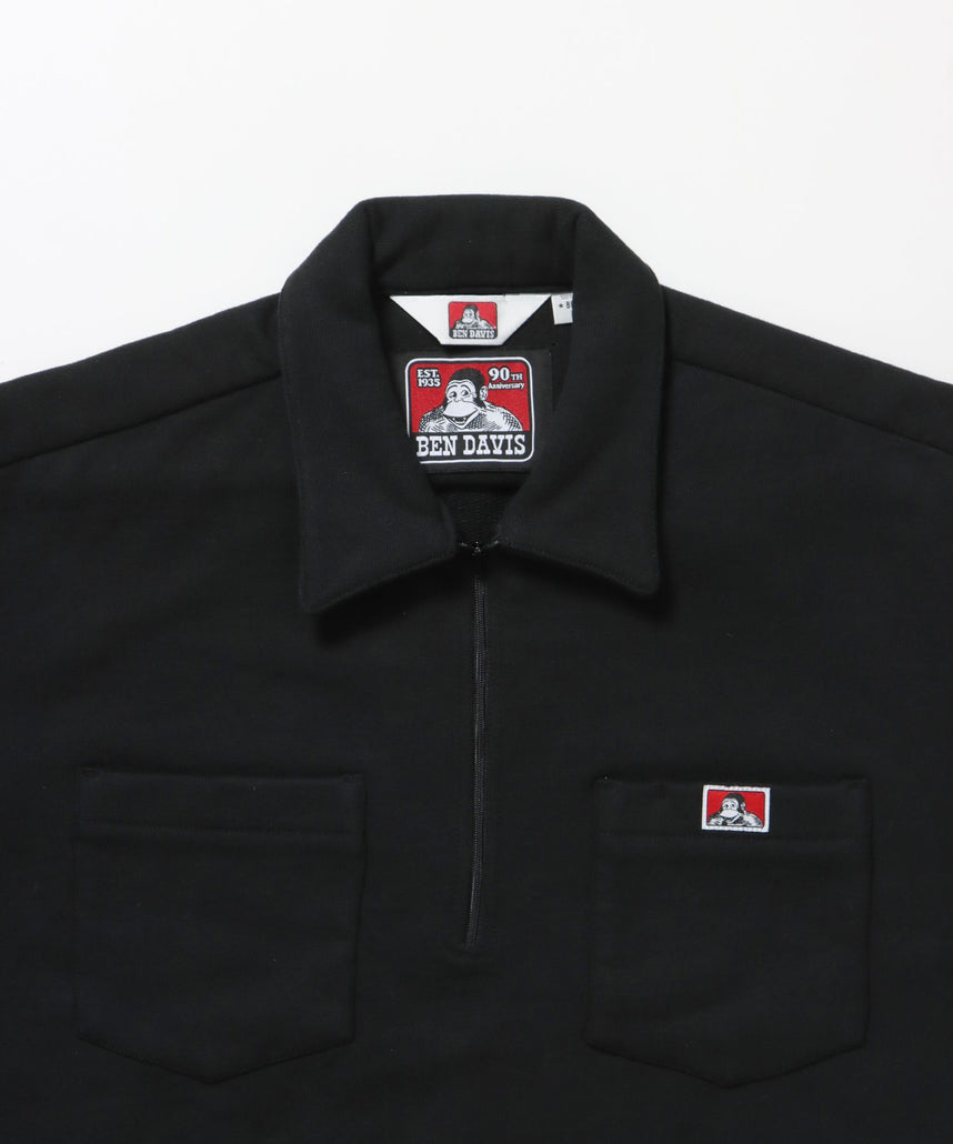90TH H.SWEAT S/S 1/2 ZIP SHIRT / ヘビーウェイト 半袖 ハーフジップ 裏毛 ワンポイント ≪セットアップ対応≫ ブラック