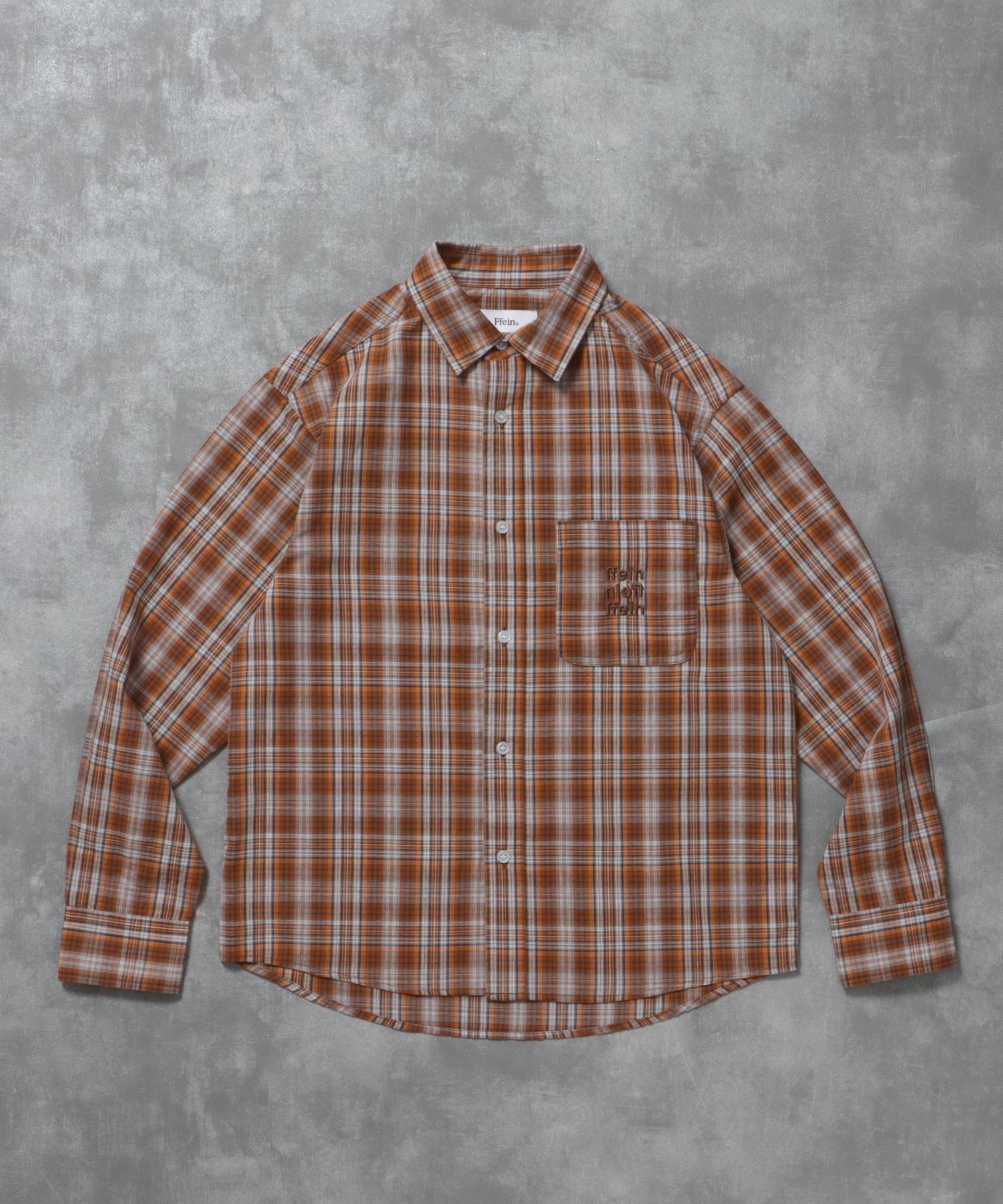 【FFEIN(フェイン)】アソートワンポイントボックス長袖シャツ / シャツ レギュラーカラー 長袖 ワンポイント 刺繍 レイヤード ポケット ダークオレンジ