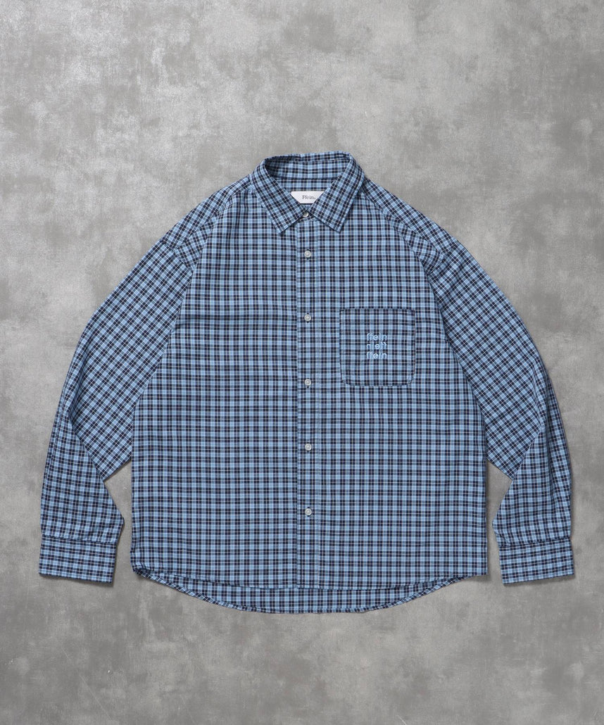 【FFEIN(フェイン)】アソートワンポイントボックス長袖シャツ / シャツ レギュラーカラー 長袖 ワンポイント 刺繍 レイヤード ポケット ブルー