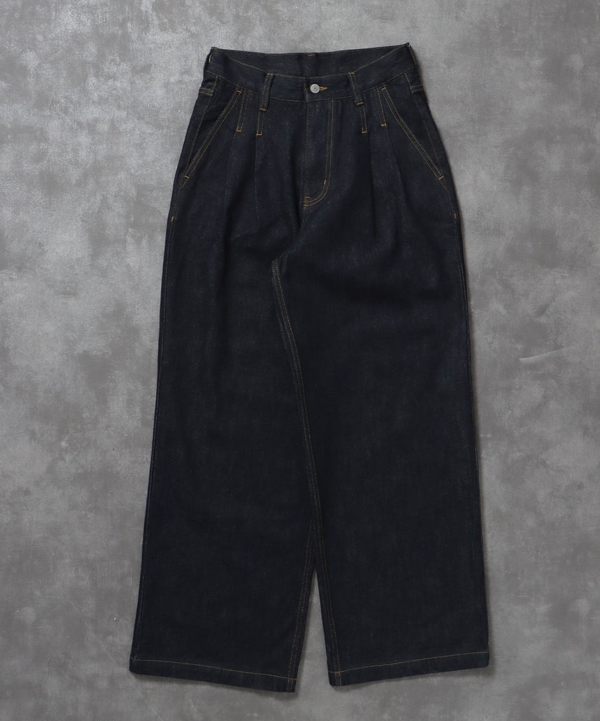 【FFEIN(フェイン)】ワイドストレートタックデニムパンツ / デニム パンツ ボトムス ワイドシルエット デニム 【セットアップ対応】 ネイビー
