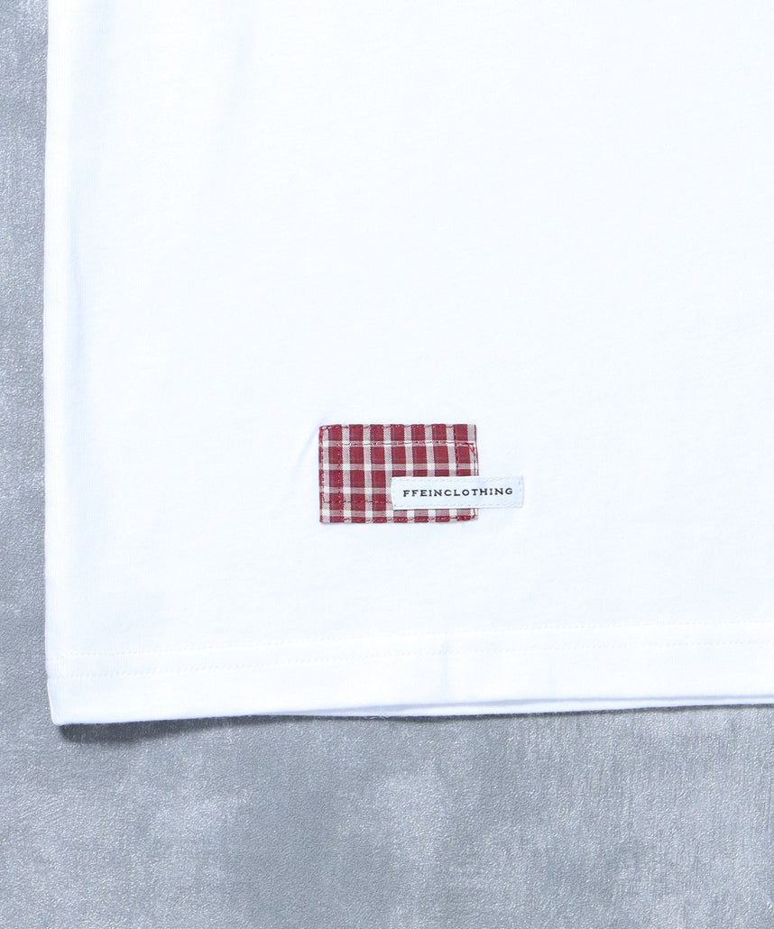 アップリケロゴショート丈Tシャツ/ Tシャツ クルーネック 半袖 プリント 刺繍 チェック 【短丈】 ホワイト