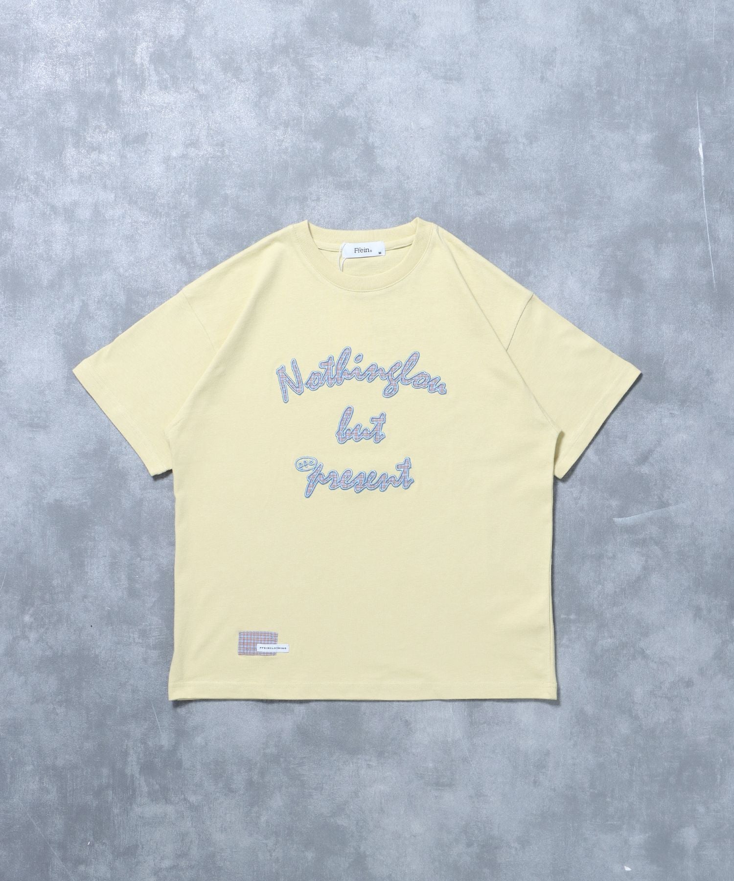 【FFEIN(フェイン)】アップリケロゴショート丈Tシャツ/ Tシャツ クルーネック 半袖 プリント 刺繍 チェック 【短丈】 レモンイエロー