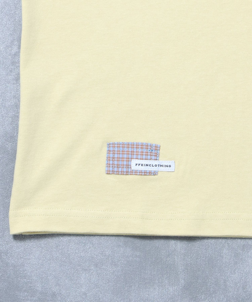アップリケロゴショート丈Tシャツ/ Tシャツ クルーネック 半袖 プリント 刺繍 チェック 【短丈】 レモンイエロー