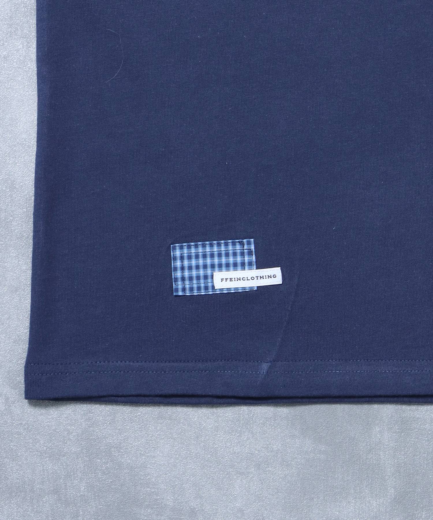 アップリケロゴショート丈Tシャツ/ Tシャツ クルーネック 半袖 プリント 刺繍 チェック 【短丈】 ネイビー