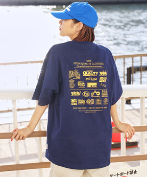 企業ロゴプリントオーバーサイズTシャツ / Tシャツ クルーネック 半袖 プリント 【短丈】 ネイビー