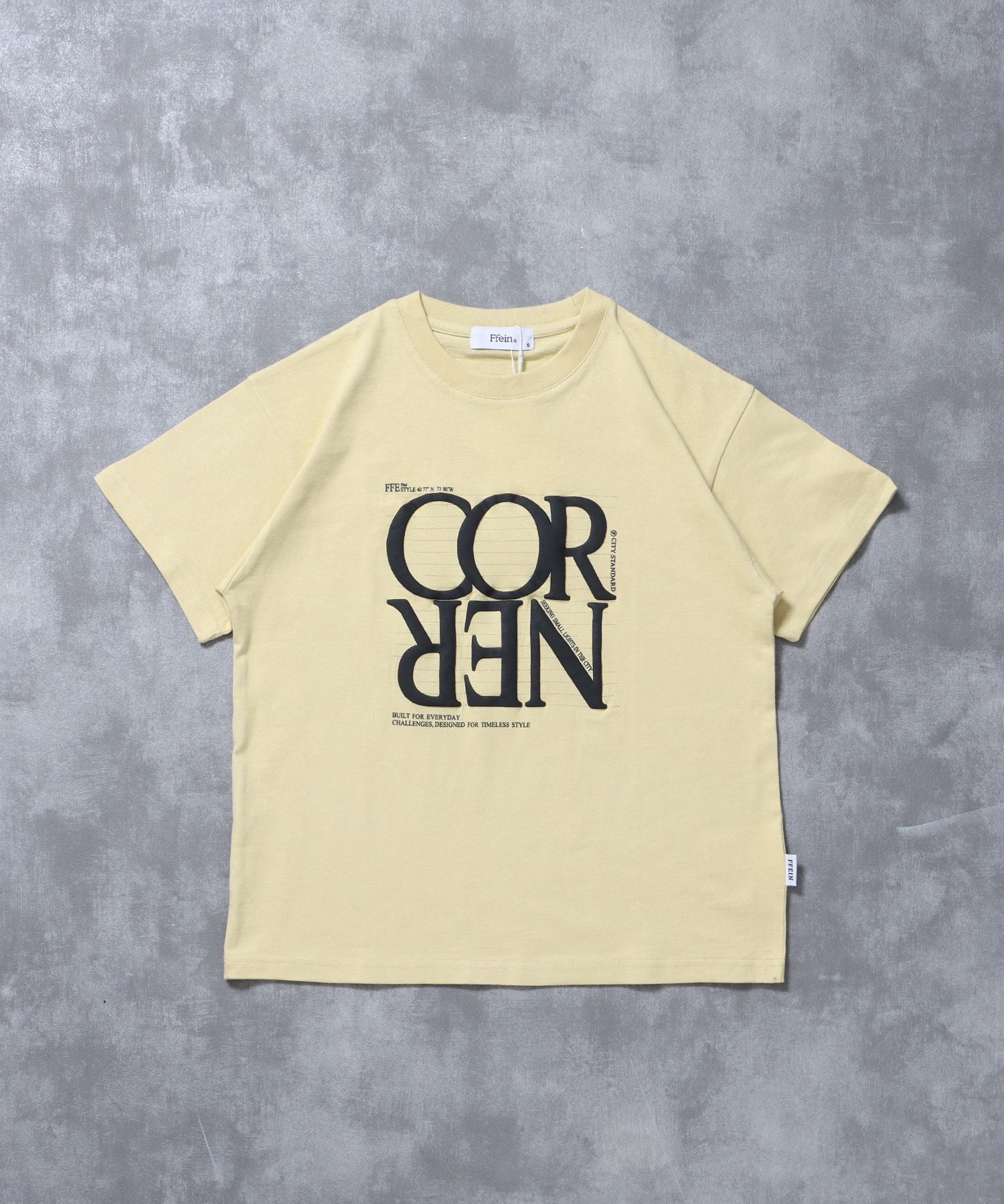 【FFEIN(フェイン)】プリントデカロゴショート丈Tシャツ / Tシャツ クルーネック 半袖 プリント シンプル【短丈】 レモンイエロー