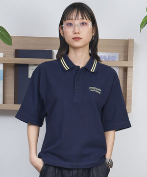 配色ラインワンポイント刺繍ポロシャツ / ポロシャツ 配色 半袖 刺繍 衿 ネイビー