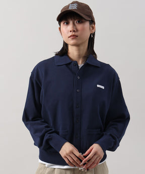 襟付きダブルリブニットカーディガン / ニット カーディガン ダブルリブ ボタン ピス ポケット ネイビー