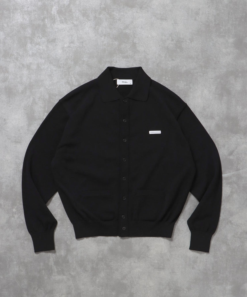 【FFEIN(フェイン)】襟付きダブルリブニットカーディガン / ニット カーディガン ダブルリブ ボタン ピス ポケット ブラック