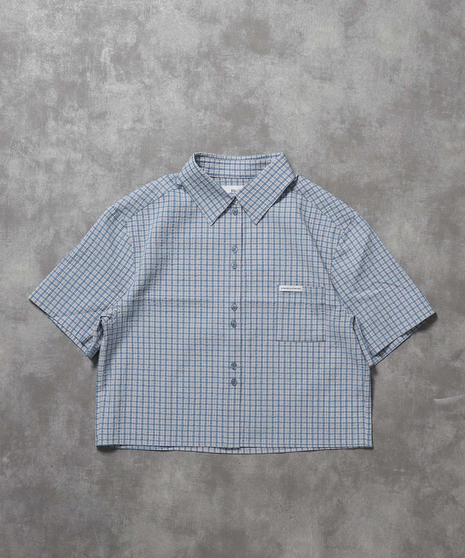 【FFEIN(フェイン)】ショート丈ボックスチェック半袖シャツ / レディース シャツ 半袖 チェック シアーシンプル ワンポイント ピス ブルー