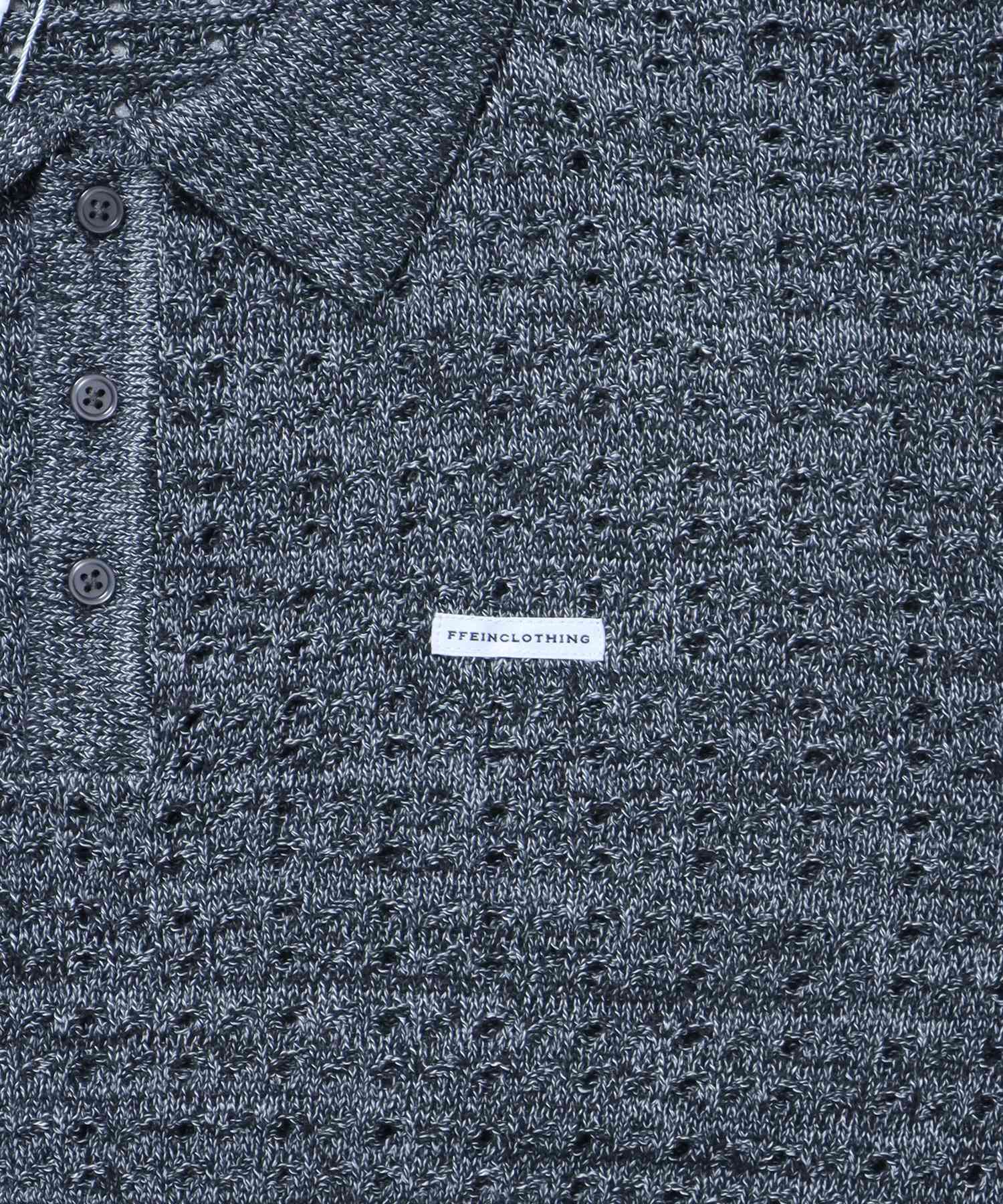 メランジワンポイントニットポロメッシュニット刺繍ポロシャツ / ポロシャツ メッシュ レギュラーカラー 半袖 ブラック