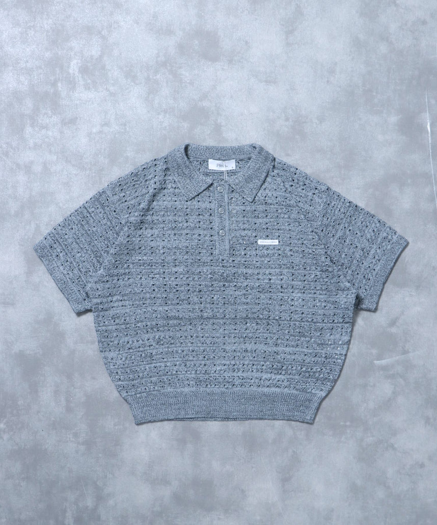 【FFEIN(フェイン)】メランジワンポイントニットポロメッシュニット刺繍ポロシャツ / ポロシャツ メッシュ レギュラーカラー 半袖 アッシュグレー