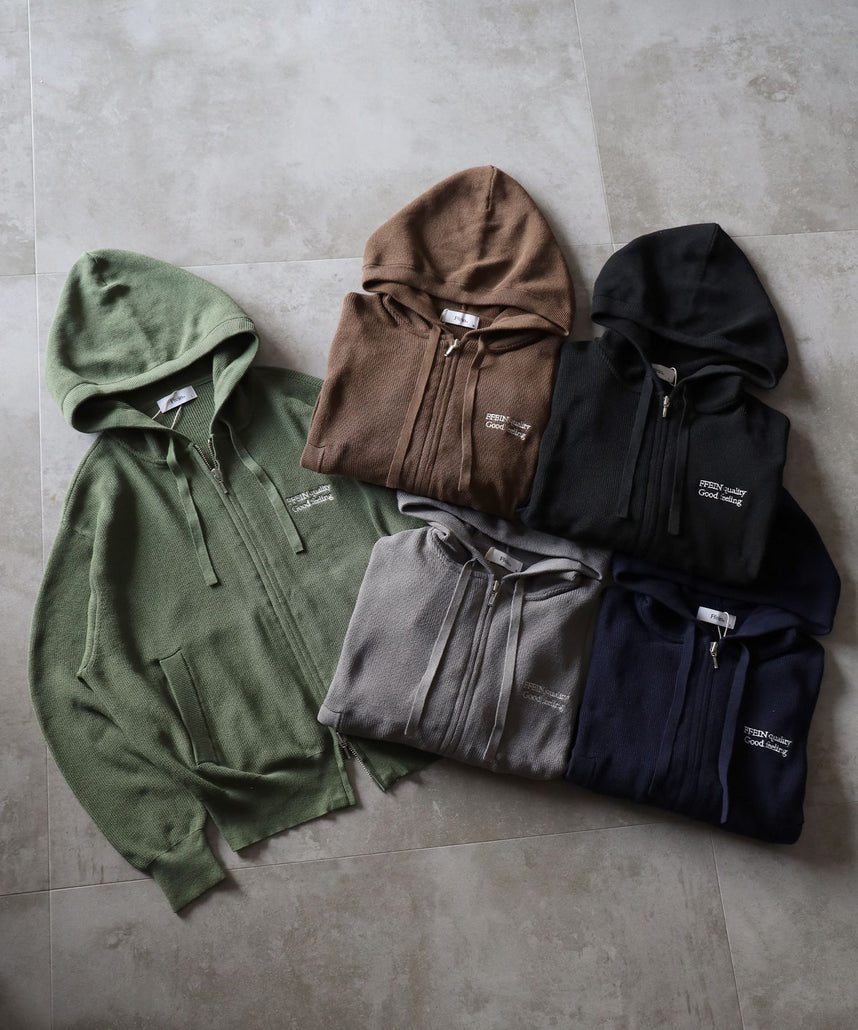 ワンポイント刺繍フード短丈ニットPK / ジップパーカー ダブルジップ ニット フーディ 刺繍 【短丈】 ブラック