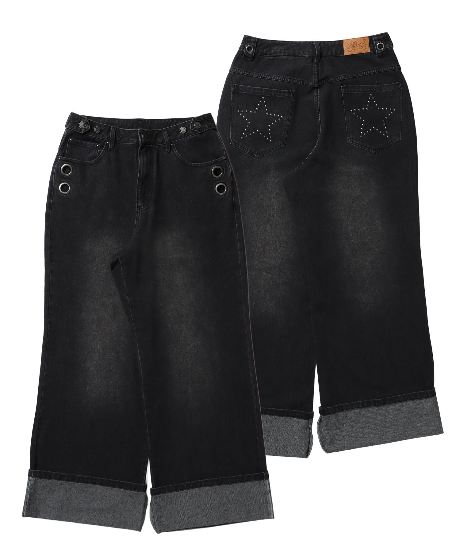 【sqnz(エスキュンズ)】デニムロールアップパンツ / パンツ ハトメ レザーパッチ デニム ボトムス ジップ 加工 ロールアップ スタッズ ブラック
