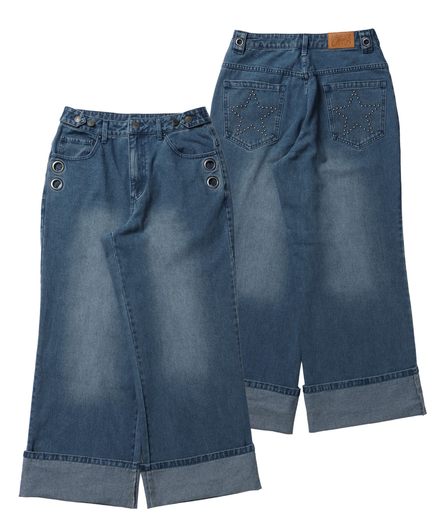 【sqnz(エスキュンズ)】デニムロールアップパンツ / パンツ ハトメ レザーパッチ デニム ボトムス ジップ 加工 ロールアップ スタッズ ブルー