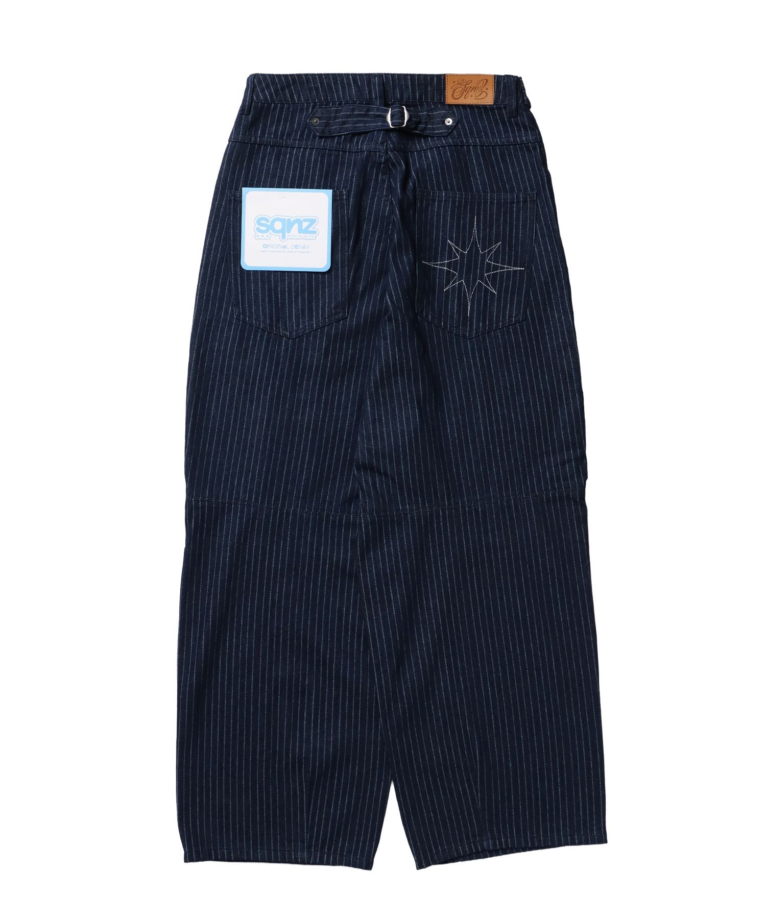 sqnz tucked denim pants / パンツ ハトメ レザーパッチ デニム ボトムス 加工 ワイドシルエット ネイビー