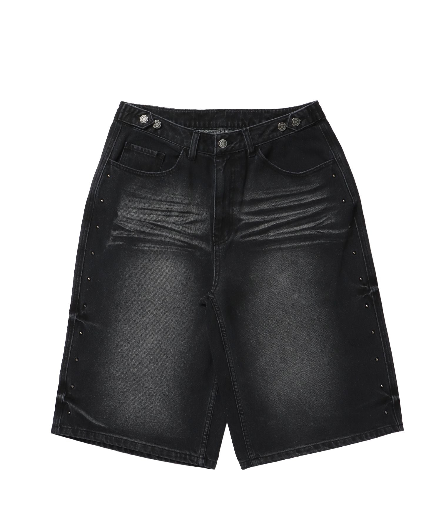 【sqnz(エスキュンズ)】sqnz washed denim shorts / パンツ デニム ショーツ 刺繍 ワンポイント 加工 スタッズ ブラック