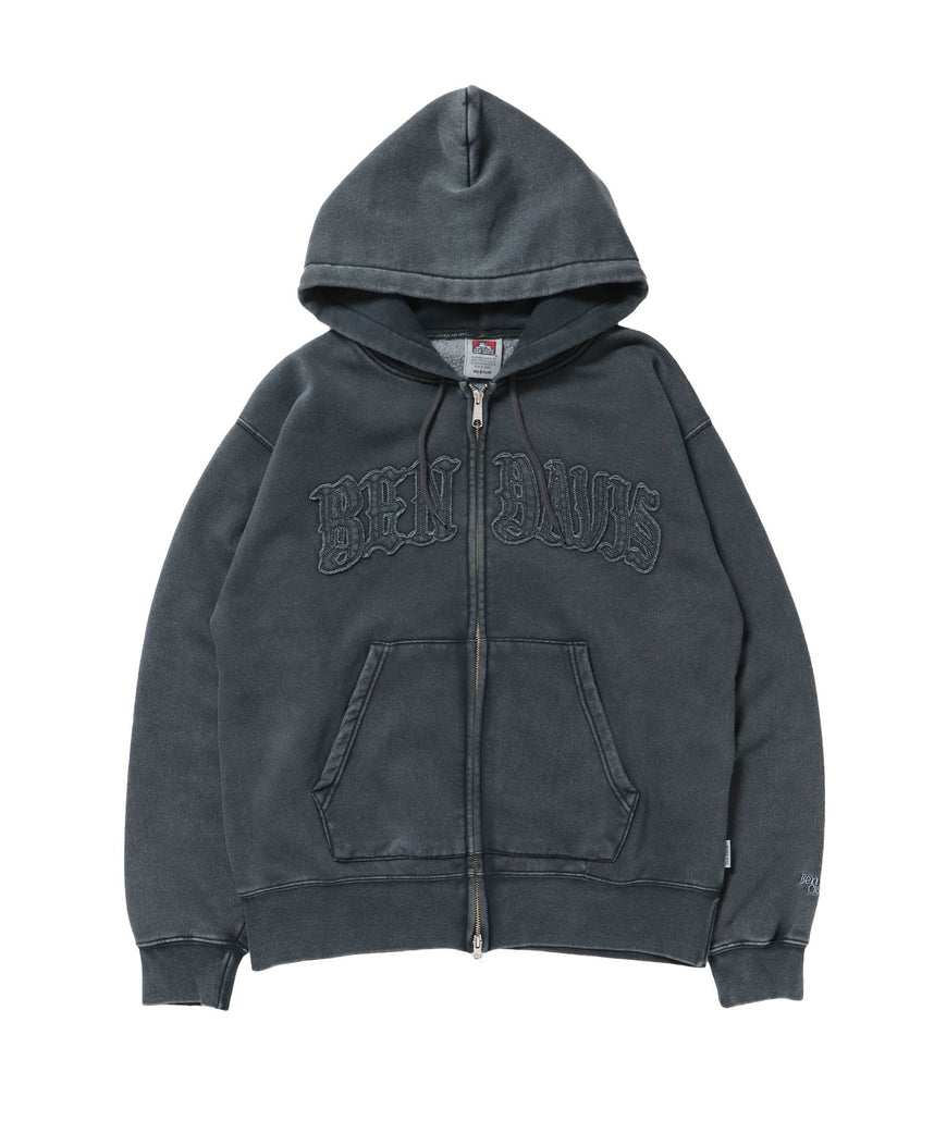 【BEN DAVIS(ベンデイビス)】LETTERS FADED ZIP HOODIE / 共布ワッペン フーディ ダブルジップ 刺繍 ヘビーウェイト ジップパーカー 裏起毛 ≪セットアップ着用可能≫ ブラック