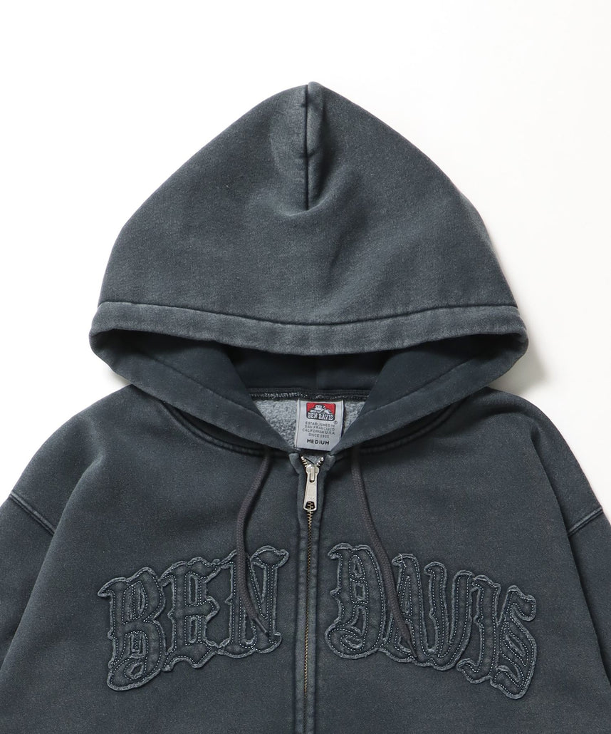 LETTERS FADED ZIP HOODIE / 共布ワッペン フーディ ダブルジップ 刺繍 ヘビーウェイト ジップパーカー 裏起毛 ≪セットアップ着用可能≫ ブラック